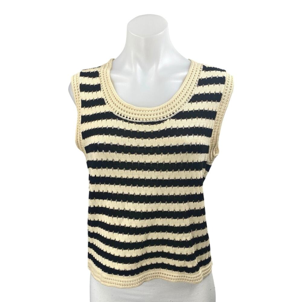 Commense Women's Cream Black Striped Sleeveless Knit Sweater Vest Tank Top Sz L